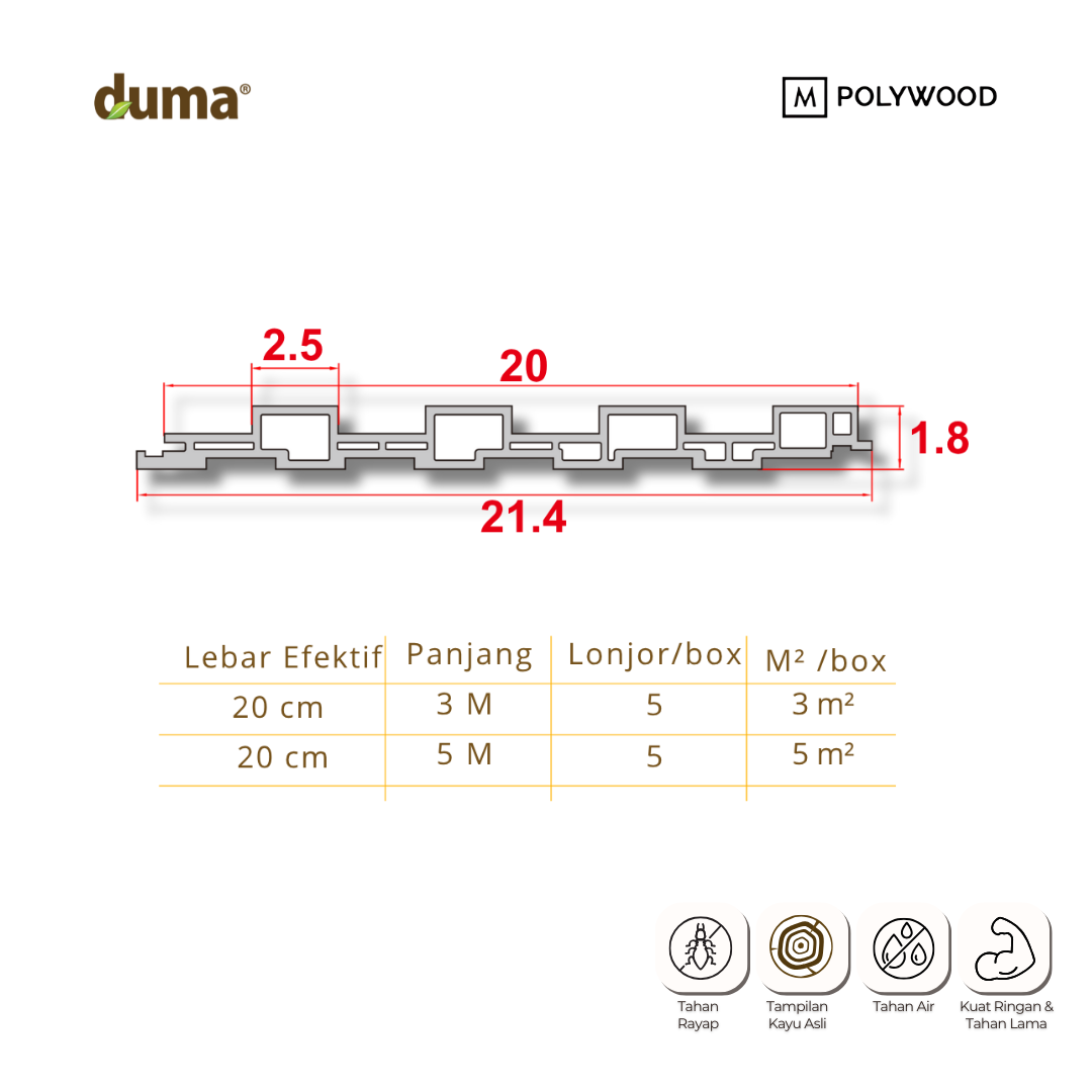 DUMA® WPC Panel Contempo 18x25x200 profil dan spesifikasi dimensi, panjang 3 m dan 5 m