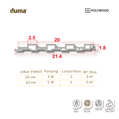 DUMA® WPC Panel Contempo 18x25x200 profil dan spesifikasi dimensi, panjang 3 m dan 5 m